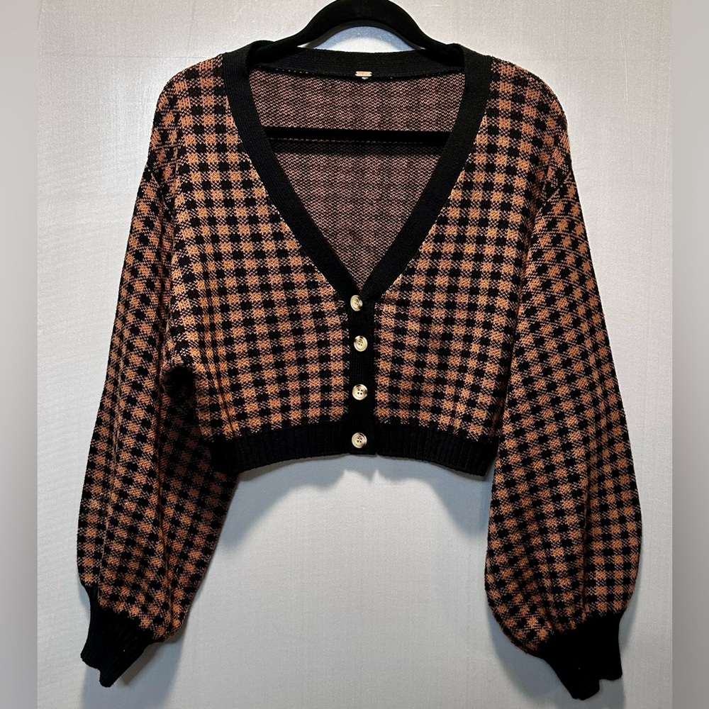Free People Black and Brown Houndstooth Cropped Cardigan